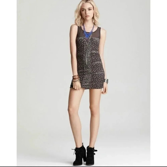 FREE PEOPLE Gray Floral Sleeveless Ruffle Shimmy Bodycon Mini Dress Small - Picture 1 of 12